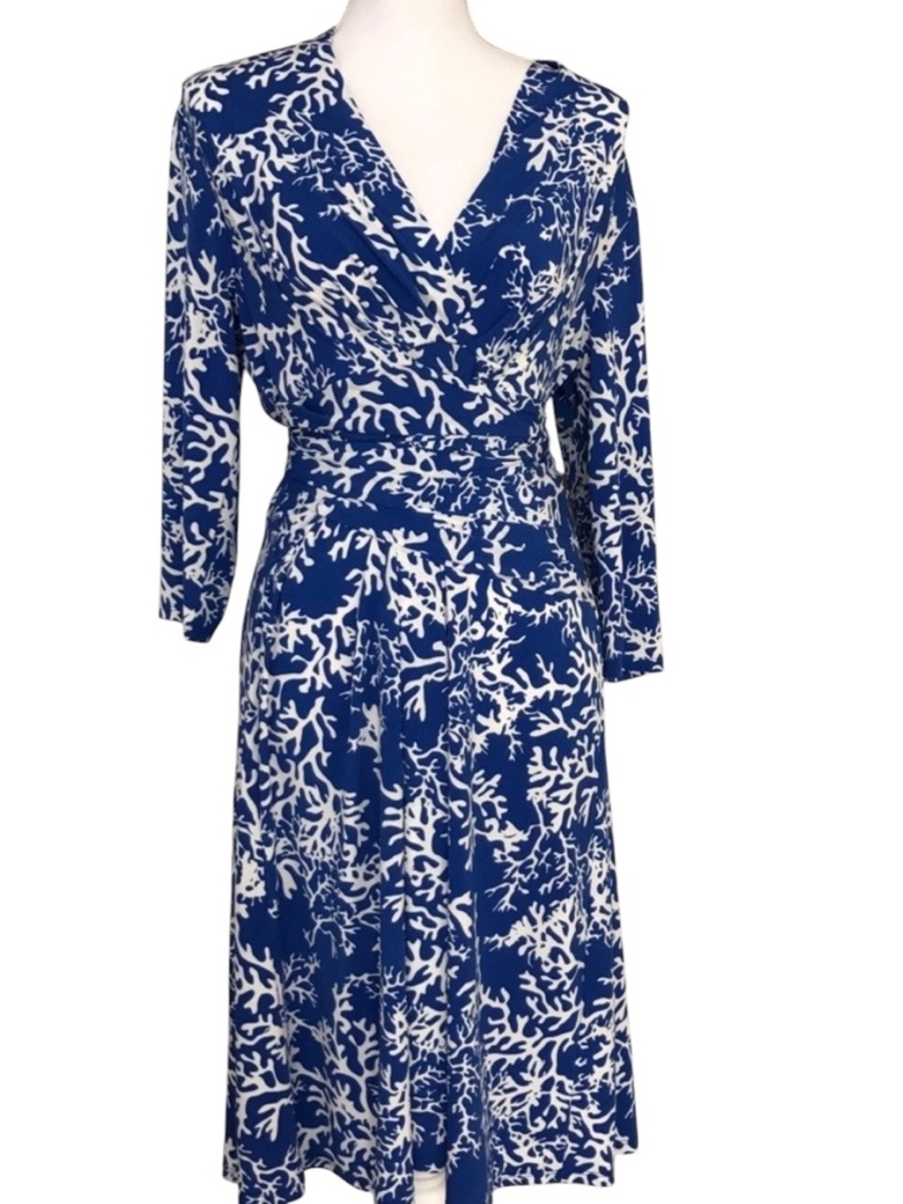 ANTONIO MELANI Blue and White Coral Reef Pattern Faux Wrap Dress Nautical Large